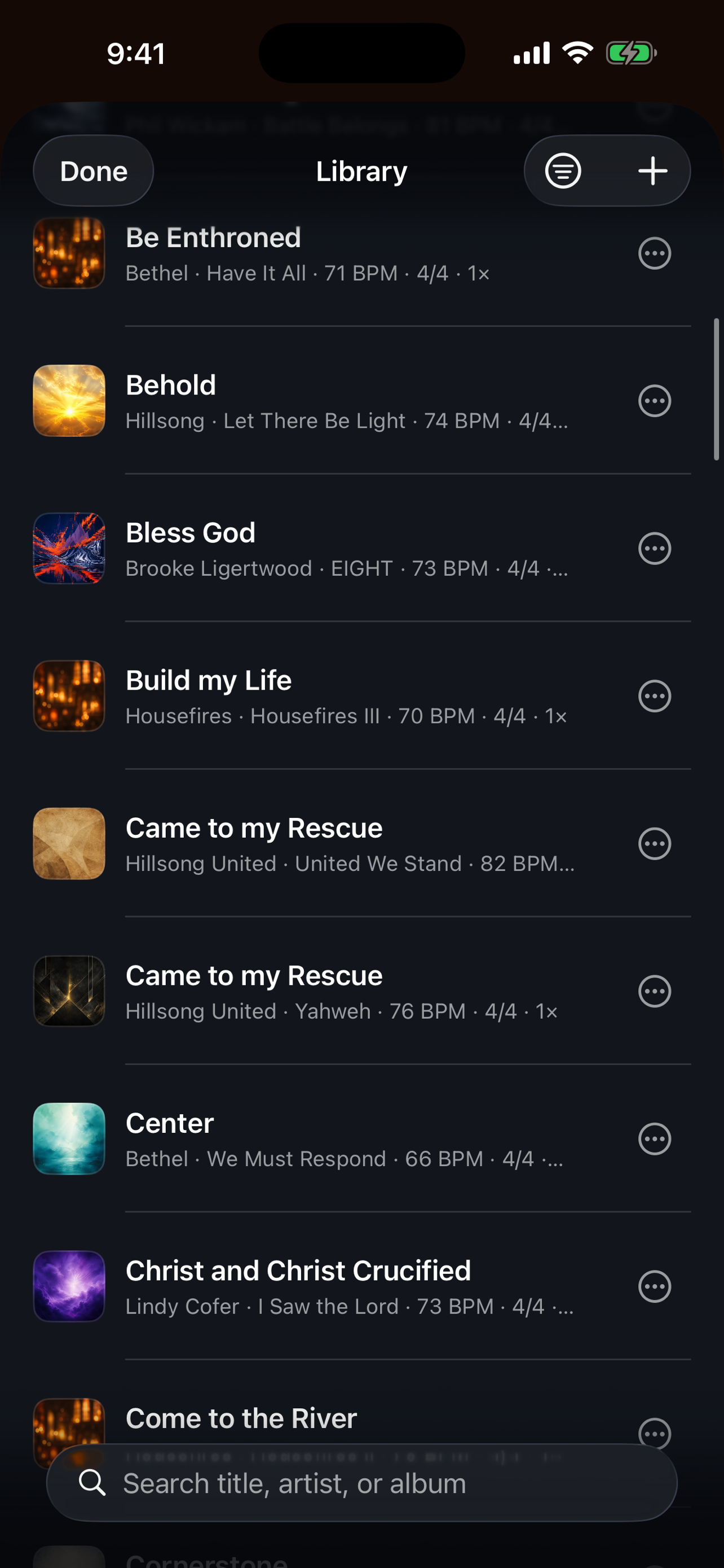 Worship Drummer catalogue showing song arrangements with artists, tempos, and meters