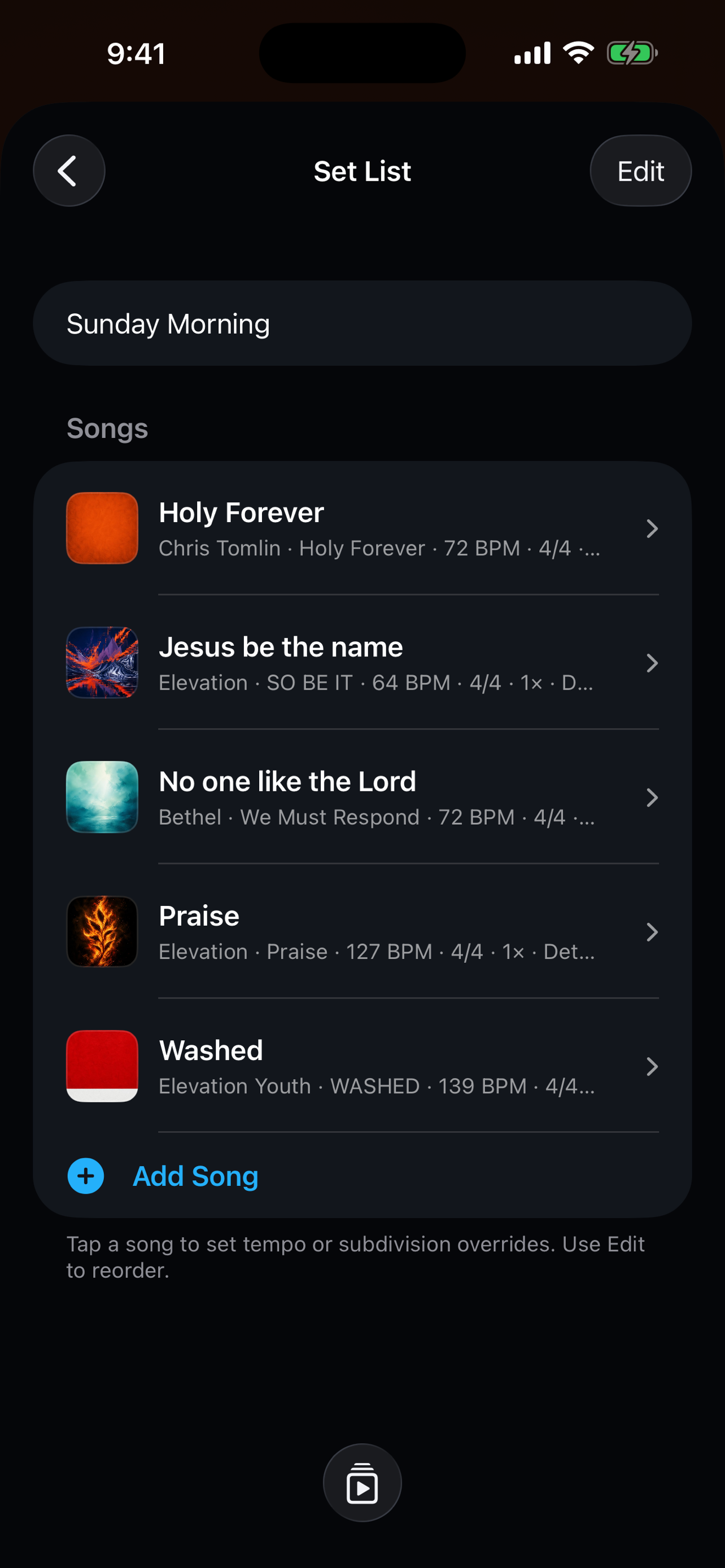 Sunday Morning set list editor with five songs ordered for the service