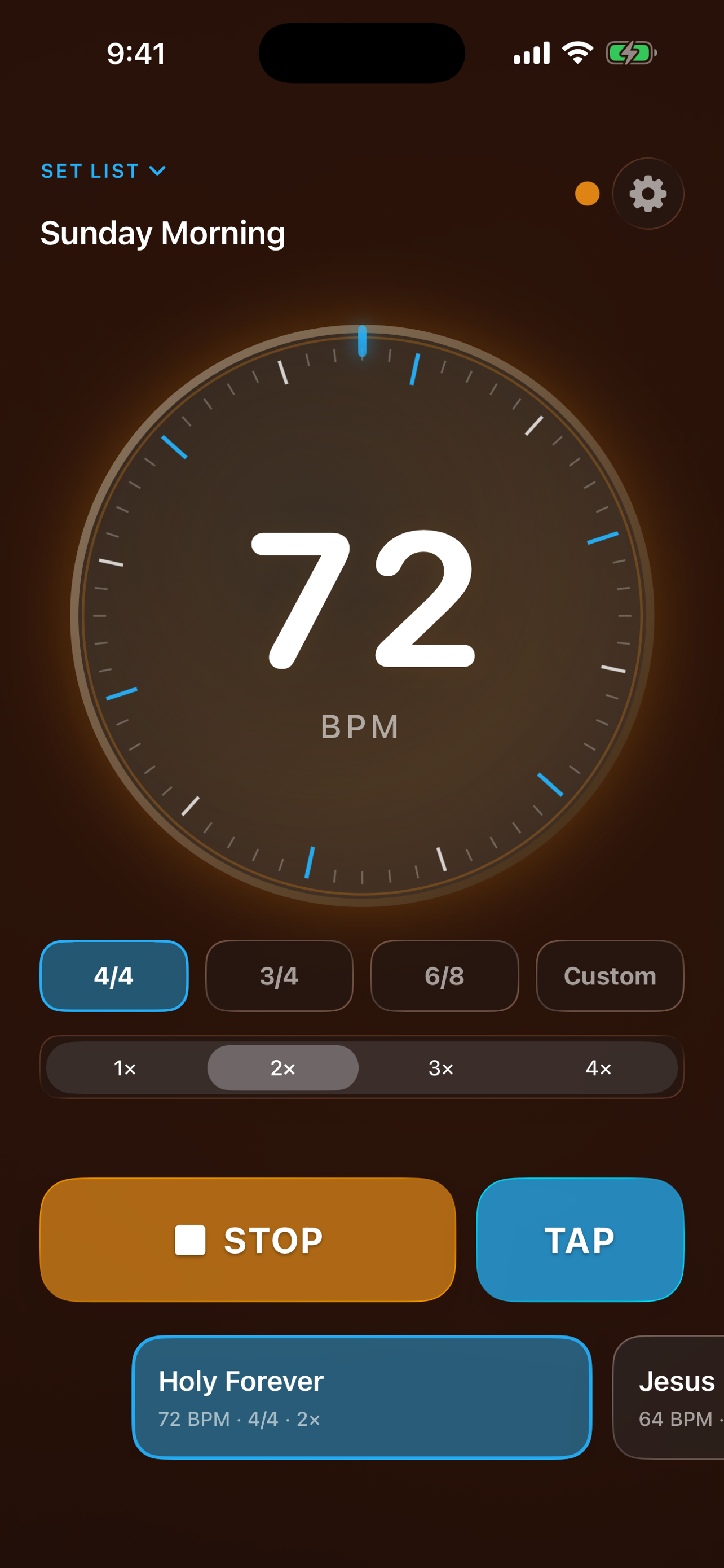 Worship Drummer Stage playing at 72 BPM with Stop, Tap, meter, subdivision, and song controls
